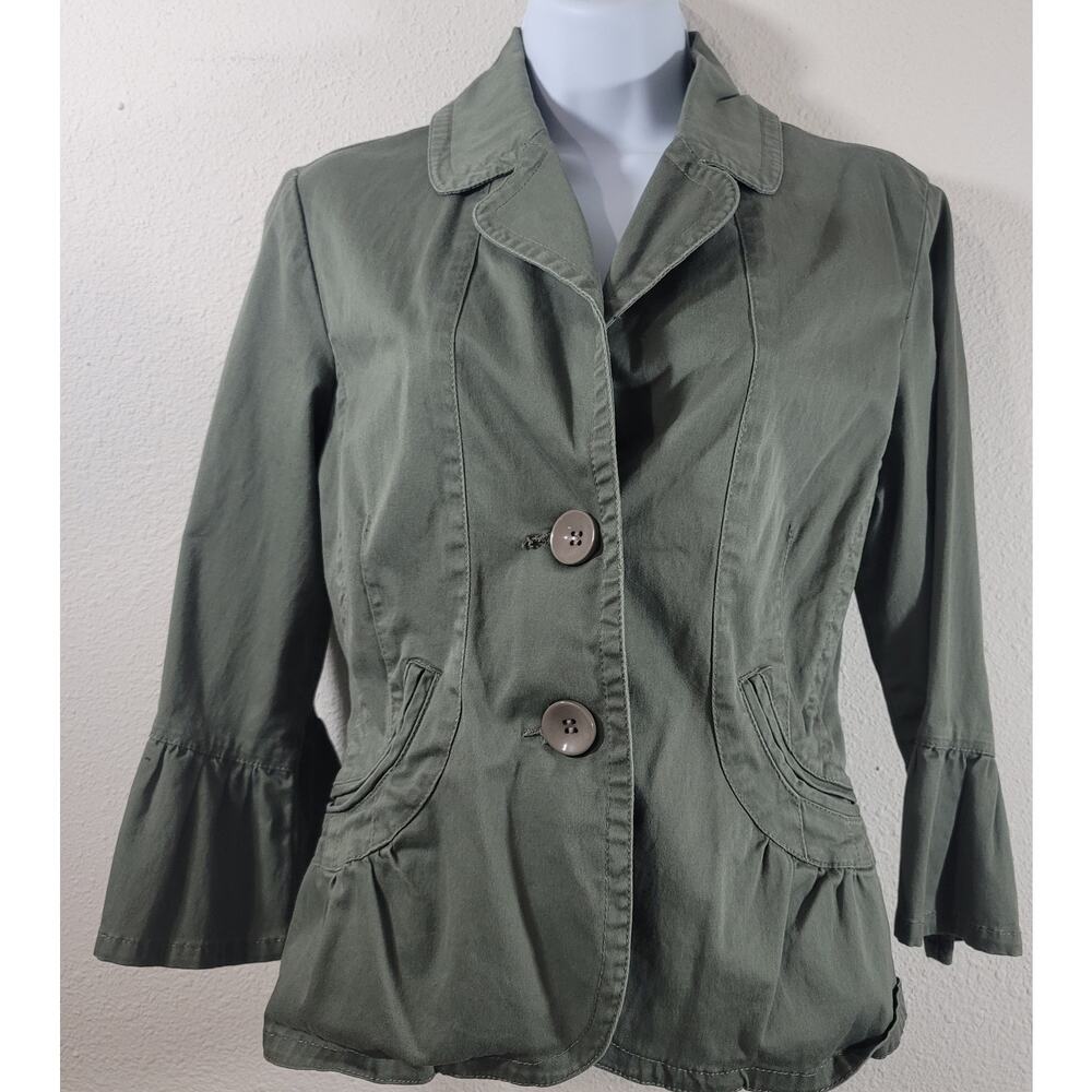 Live A Little Army Green 2 Button Ruffled Sleeves Blazer Small Lightweight Soft